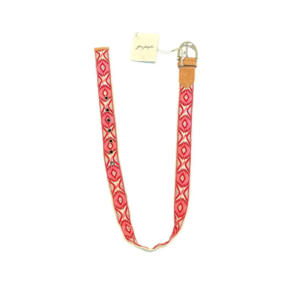 Free People Moving To Mars Cotton Leather Aztec Print Belt Pink White Size S/M